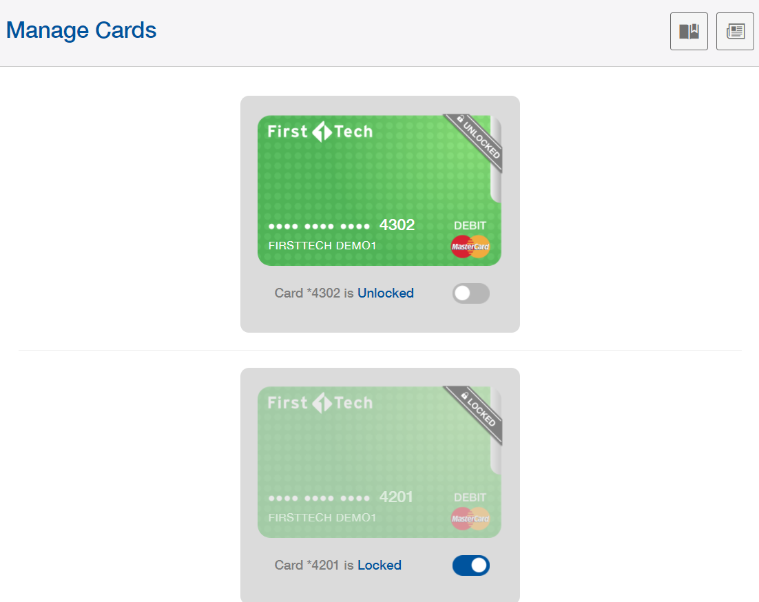 Manage Cards page image showing locked and unlocked cards