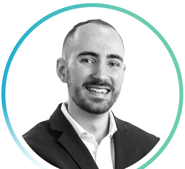 Black and white headshot of Premier Financial Representative Julien Leveque with an aqua-teal gradient border.
