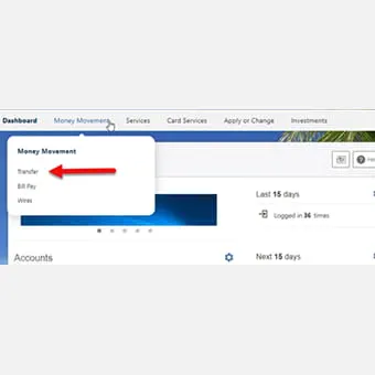 add an external account step 1. Red arrow pointing to Add an account to make a transfer link.