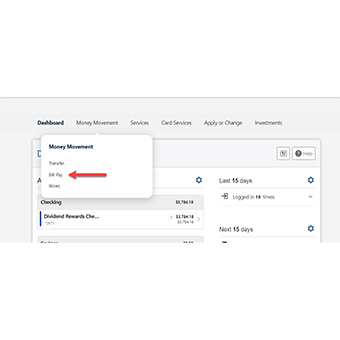Red arrow pointing to Bill Pay button.