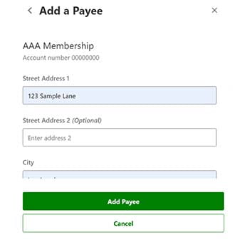 add a payee pop-up form
