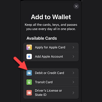 Step 2: Tap on debit or credit card