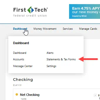 Red arrow pointing to Statements button.
