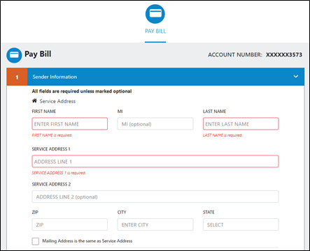 Provide your name, service address and email address. You will need to either click the box to confirm your mailing address is the same as the service address provided or, click the Show Mailing Address link and leave the box unchecked to provide a different mailing address. Any required fields left blank will highlight in red.