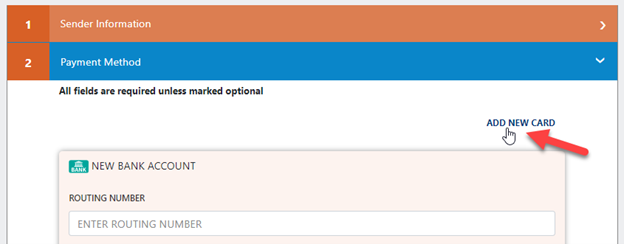 Payment can come from either using account & routing number details or a debit card. If using a debit card for payment is preferred, click ADD NEW CARD. Once complete, click NEXT STEP.