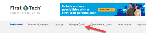 Red arrow pointing to the "Manage Cards" tab in Online Banking.