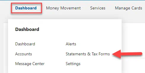 Red box enclosing the "Dashboard" tab with a red arrow deriving from it and pointing to the "statements" link.