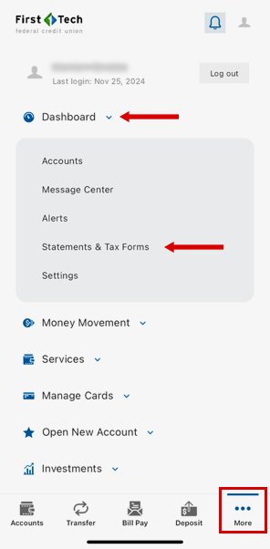 Red box outlining the More tab in the bottom left. Red arrow pointing to the Dashboard dropdown. Red arrow pointing to the Statements link.