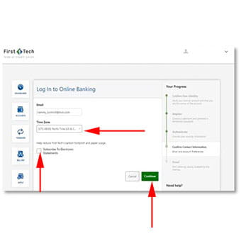 Register Digital Banking Step 7. Red arrows pointing to the Time Zone drop down, Subscribe To checkbox, and continue button