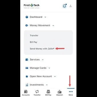 Send money with Zelle step 1. Red arrow pointing to Send Money with Zelle button.