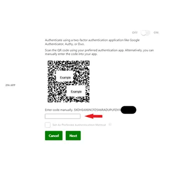 Download a two-factor authentication app if you haven’t already done so. A QR code will be presented with directions to scan it with your two-factor authentication app. You can also enter the code into your authentication app manually.
