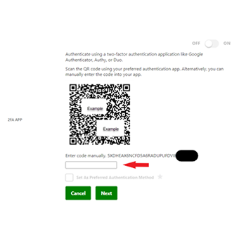 Use the 6- or 8-digit code displayed in your authentication app and enter that value in the field below the text “Enter code manually”. You’ll be prompted to confirm the change with two-factor authentication.
