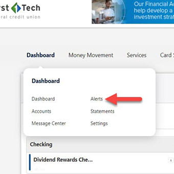 How to Set Up Alerts Step 1: Red arrow pointing to Alerts button.
