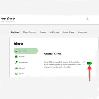 Setting Up Alerts step 2: Red arrow pointing to General alerts toggle button, making it turn green, indicating the user has set up general alerts.