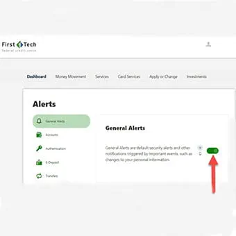 Setting Up Alerts step 2: Red arrow pointing to General alerts toggle button, making it turn green, indicating the user has set up general alerts.
