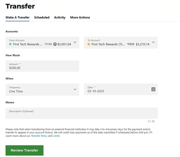 Form to enter details for Transfer