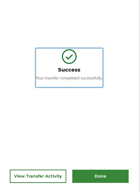 Successful Transfer acknowledgement screen.