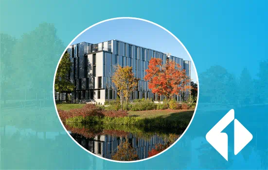 First Tech Corporate Office image in a circle on a gradient green and blue background