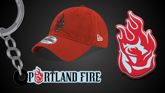 Portland Fire red hat, pin and keychain