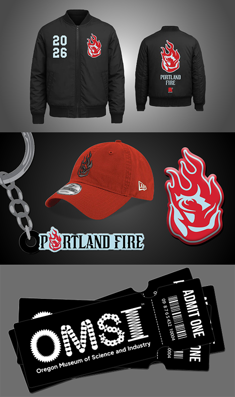 Three panel image with the Portland Fire bomber jacket on top, Fire merch in the middle and OMSI tickets on the bottom.