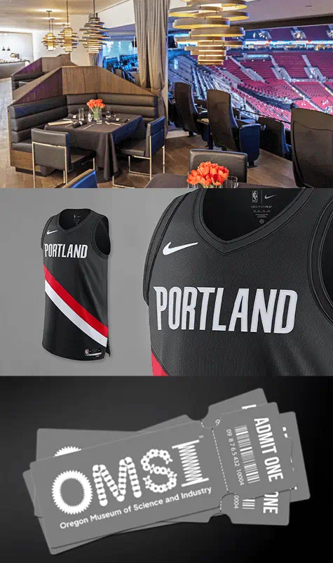 Combined image: Top is Blazers Studio Suite, middle is Blazers jersey and bottom is OMSI Tickets