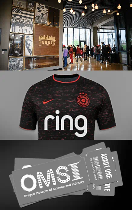 Three part image showing (top to bottom) Tanner Ridge at Providence Park, a Portland Thorns soccer jersey and an image of OMSI tickets with logo