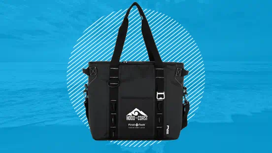 Black portable cooler with Hood To Coast and First Tech logos