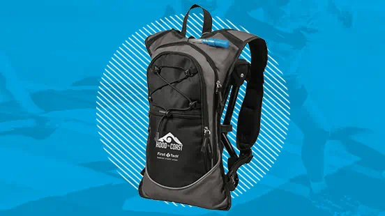 Black hydration pack with Hood To Coast and First Tech logos