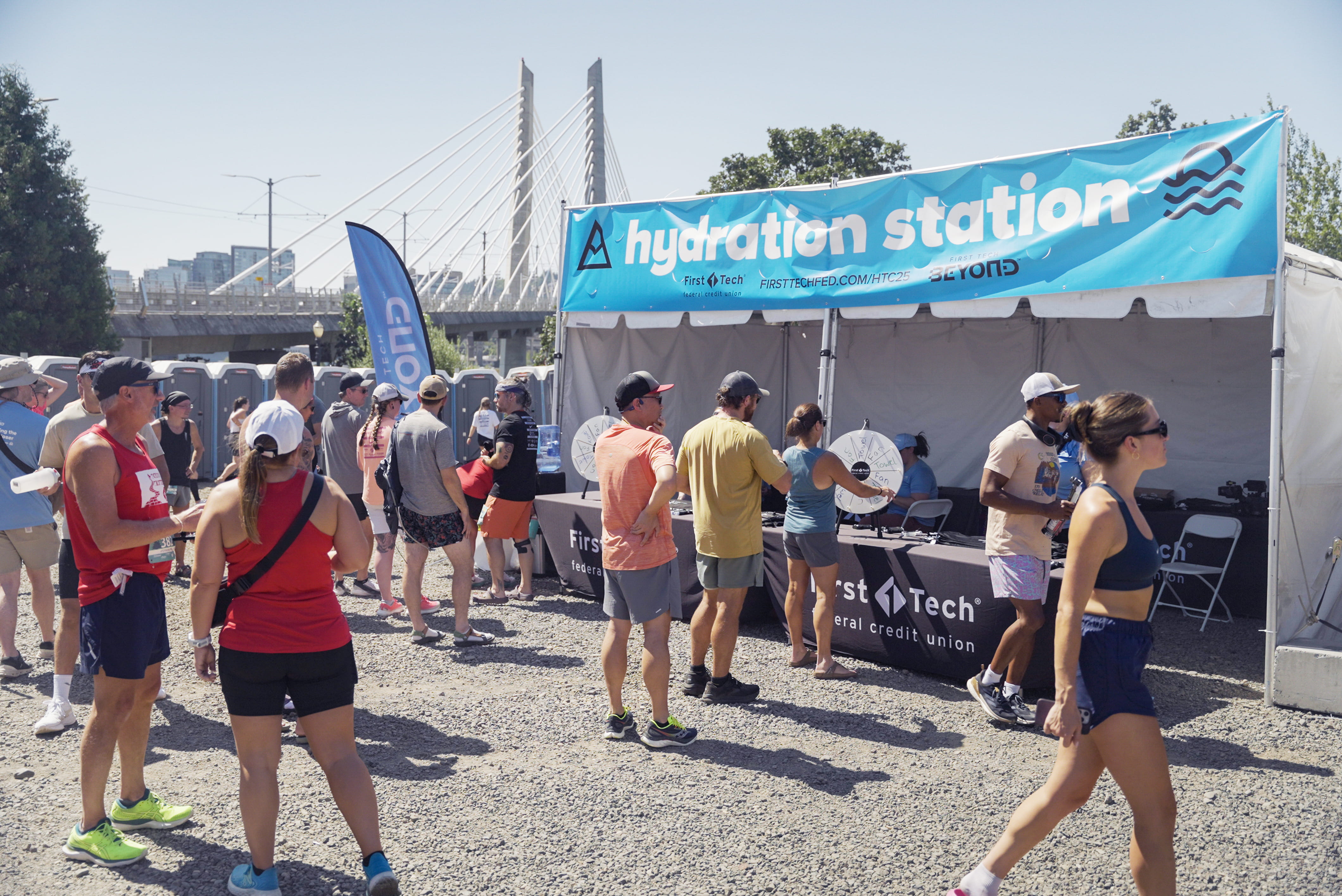 Crowd in front of First Tech's hydration station at Hood to Coast race finish.