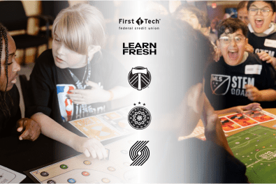 Learn Fresh, Timbers, Thorns and Timbers Logos with children in the background