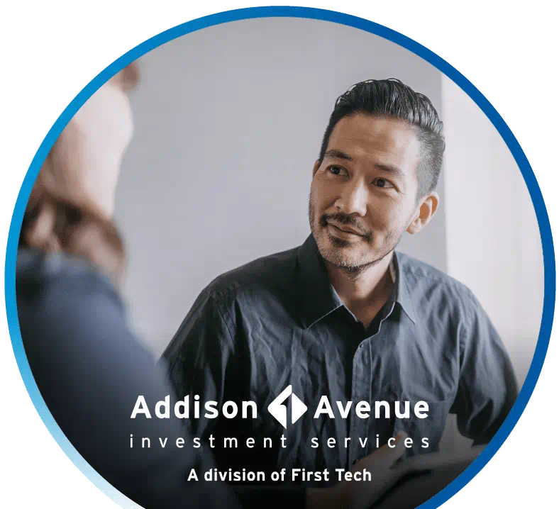 Gentlemen in a grey shirt in gradient blue circle. Copy: Addison Avenue Investment Services, A division of First Tech