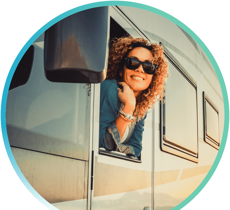 woman in front of RV