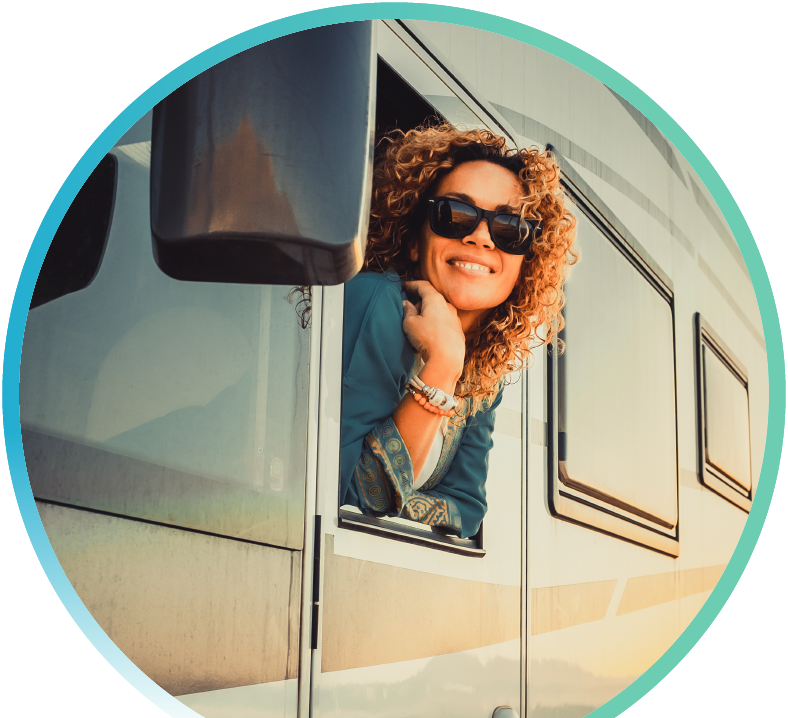 woman in front of RV