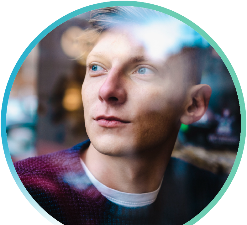 Person in a city scene with blurry stylized overlay