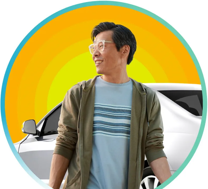 Person in glasses standing in front of a car with stylized sun in the background
