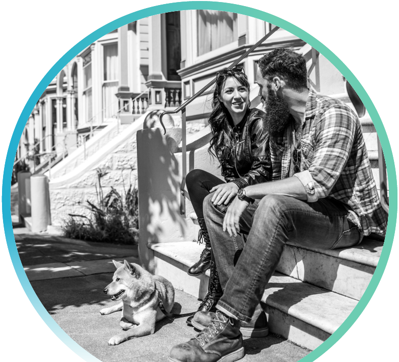 Banner image showing a couple and their dog sitting on the front steps of a house