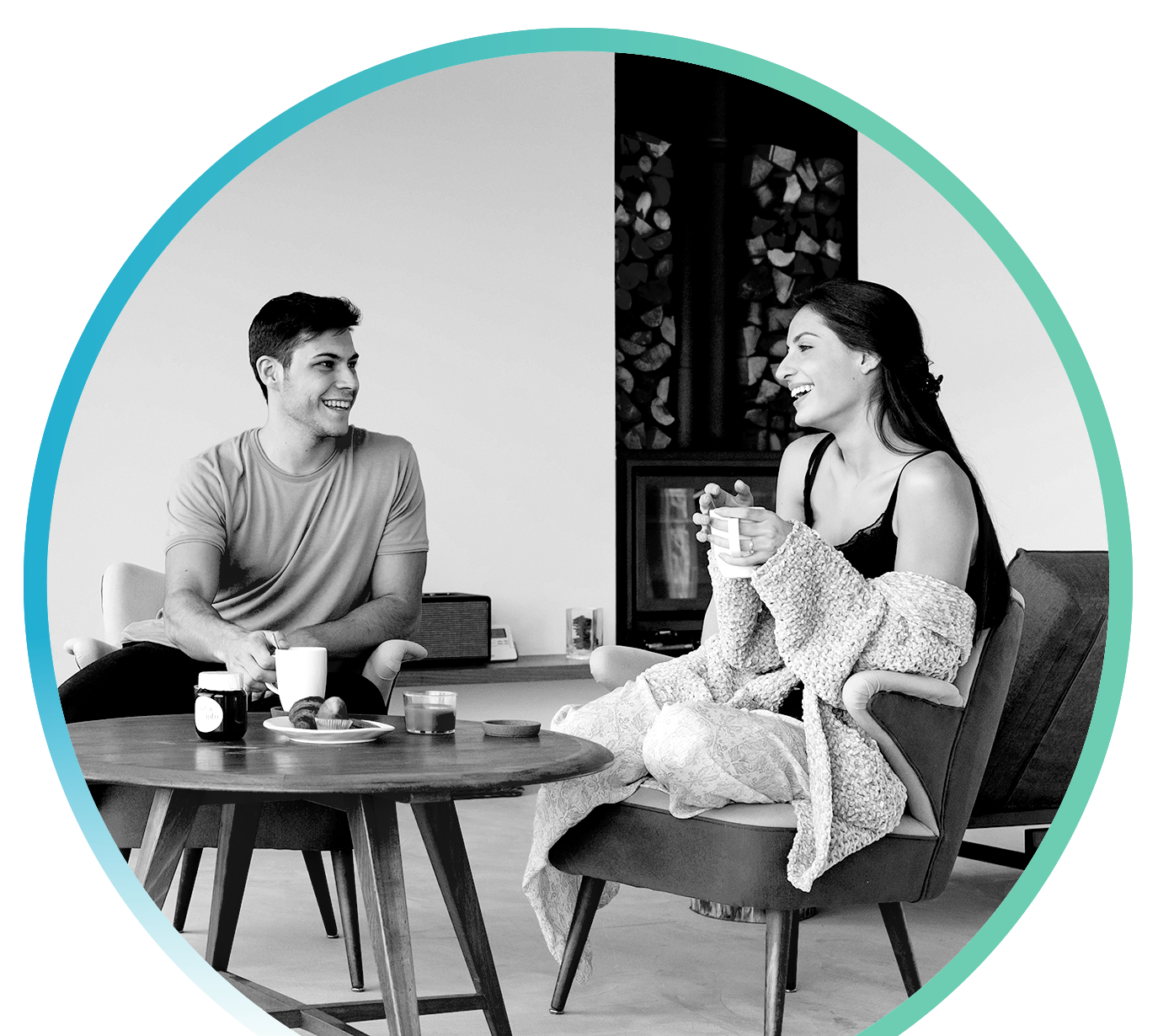 Man and woman having conversation in a living room