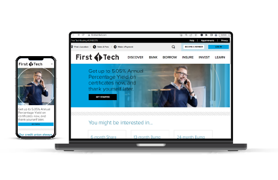 Image showing a smartphone and laptop with each of their screens open to the First Tech website's home page.