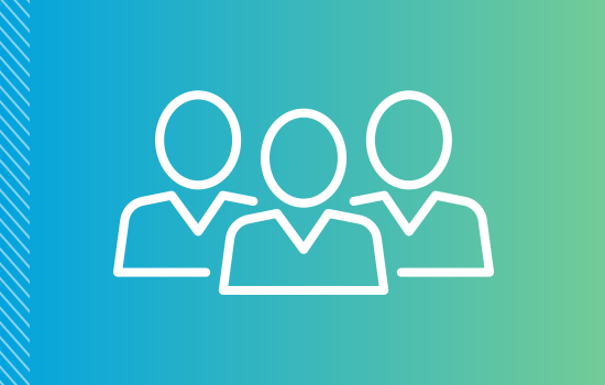 Outline depicting three people overlaid on a blue-green gradient color pattern.