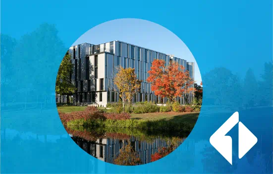 First Tech Hillsboro Headquarters building in a circle on a blue background with First Tech logo on the lower right.