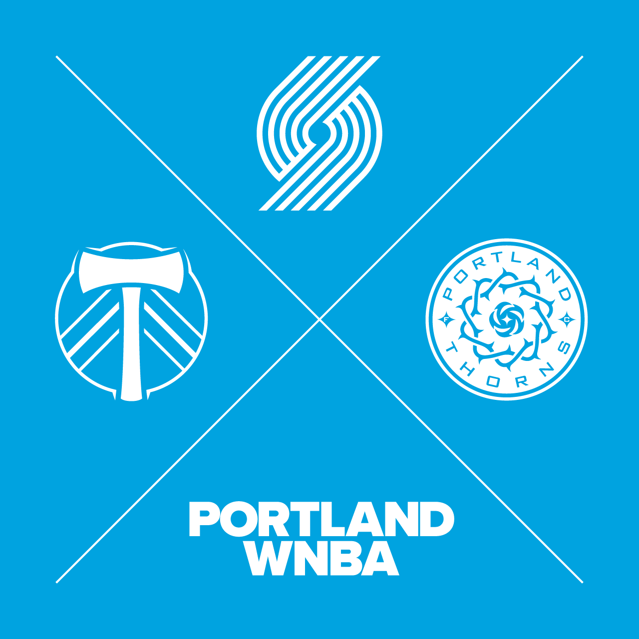 Timbers, Blazers, Thorns and WNBA logos on a blue background