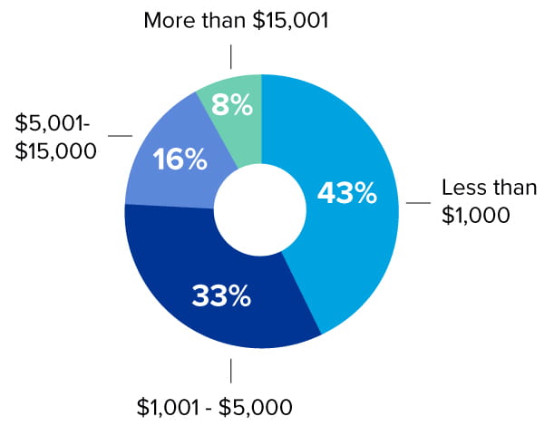 Circle graph with five categories; "Less than $1,000" highlighted in light blue and labeled with 43%, "$1,001 - $5,000" highlighted in dark blue and labeled with 33%, "$5,001 - $15,000" highlighted in powder blue and labeled at 16%, and "More than $15,001" highlighted in a seafoam green at 8%.