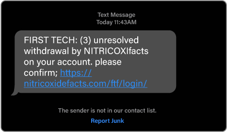 This image shows an example of a First Tech member receiving an sms-message containing a phishing link.
