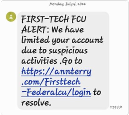 This image shows an example of a First Tech member receiving an sms-message containing a phishing link.
