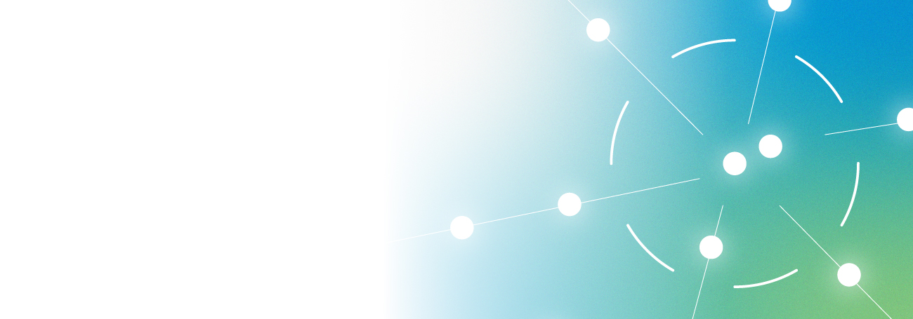 Gradient banner image with completely white making up the left portion of the image, and transitioning to variations of blue, green, and yellow colors on the right side, as well as intricate designs on the right side, with white lines and white circular dots.